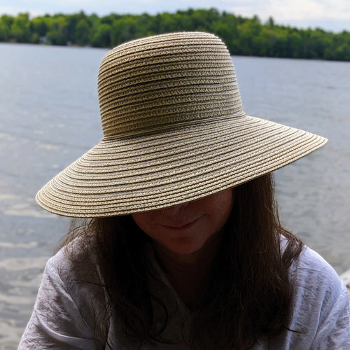 Paper Straw and horsehair ribbon style sun hat, adjustable fit, wide brim