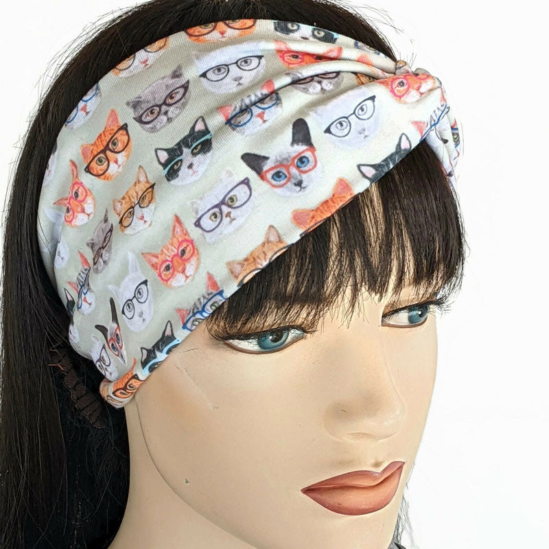 Premium, wide turban style comfy wide jersey knit  headband, smarty cats