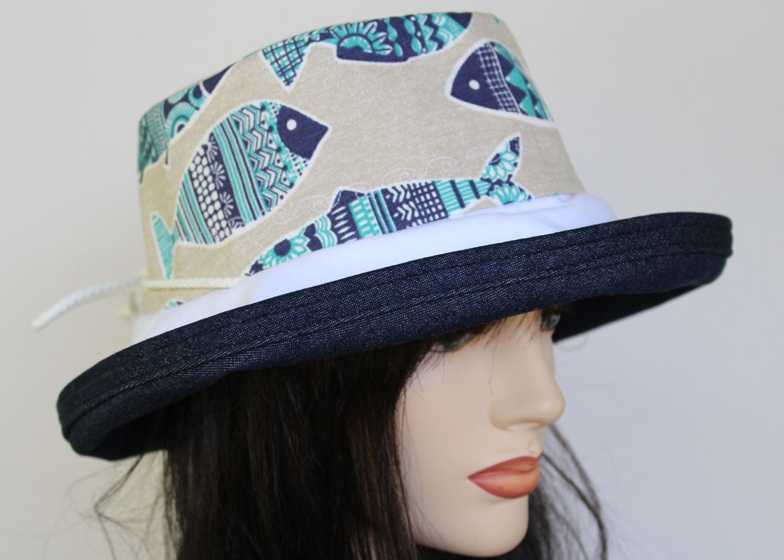 131 Sunblocker UV summer hat sun hat with large wide brim featuring lovely Portugal sardines print