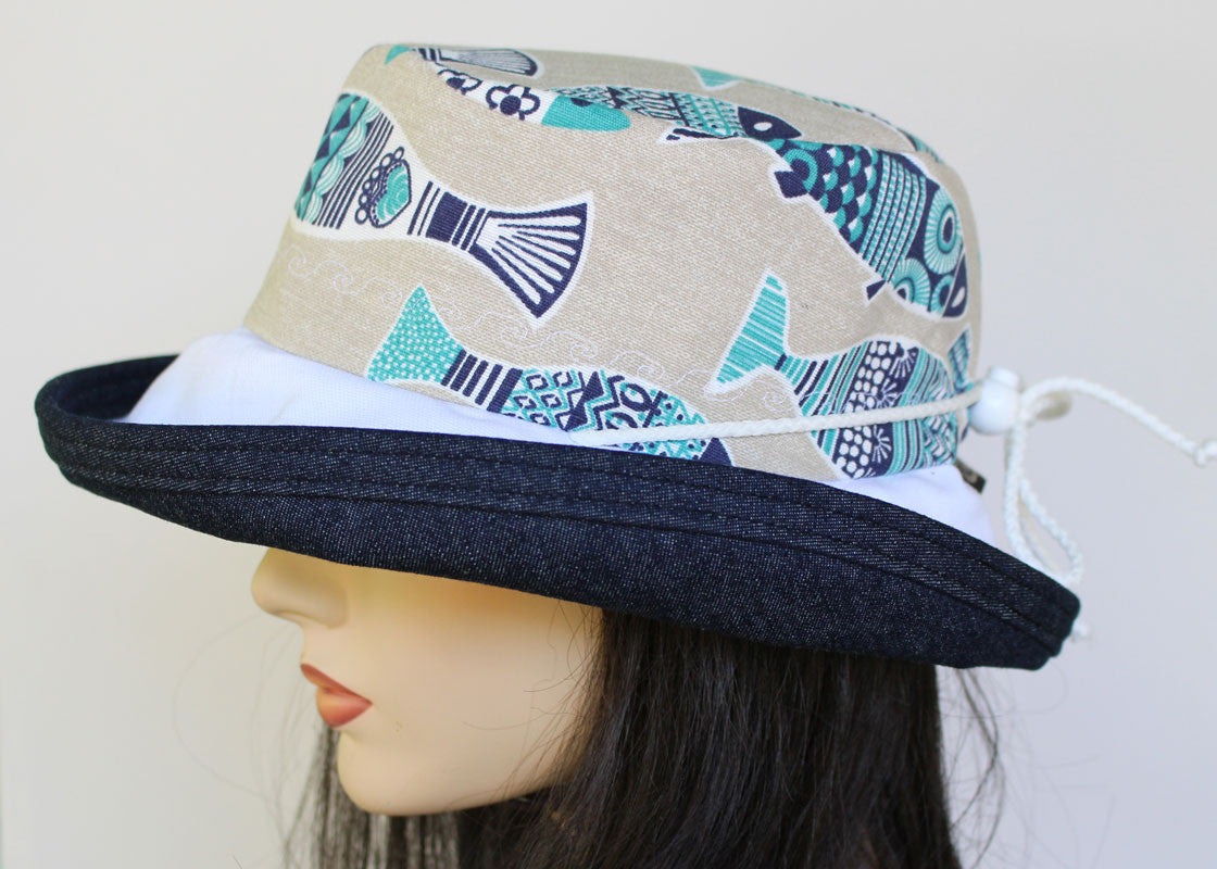 131 Sunblocker UV summer hat sun hat with large wide brim featuring lovely Portugal sardines print