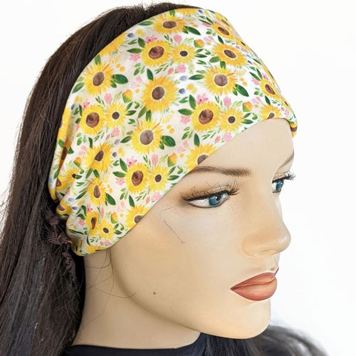 Premium, wide turban style comfy wide jersey knit headband, sunny sunflowers