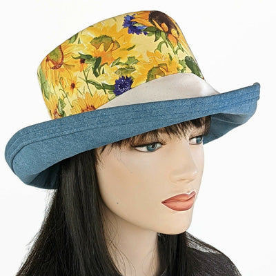 115 Sunblocker UV summer hat with large wide brim featuring sunflowers print