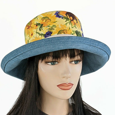 115 Sunblocker UV summer hat with large wide brim featuring sunflowers print
