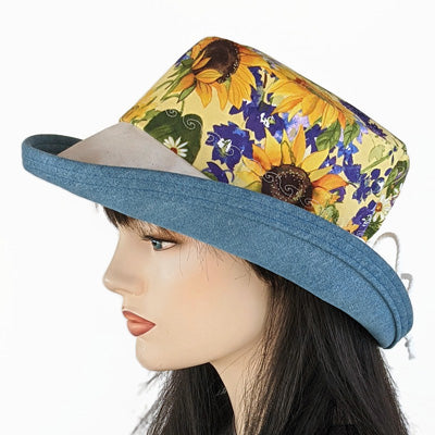 115 Sunblocker UV summer hat with large wide brim featuring sunflowers print