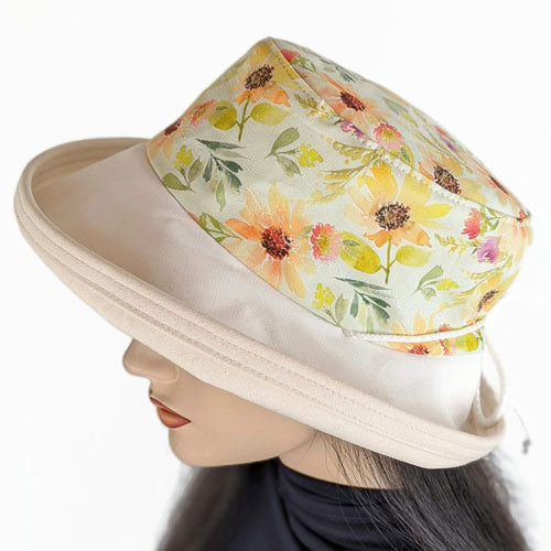 127 UV summer hat sun hat with large wide brim featuring lovely sunflower print