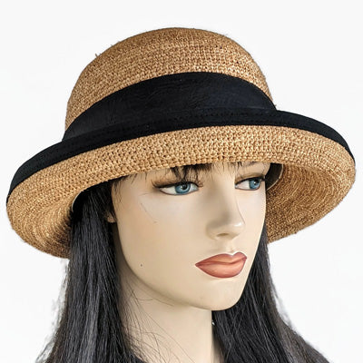 206-c Crochet Raffia Sun Hat with adjustable fit with black trim, toast
