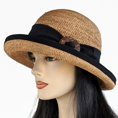 206-c Crochet Raffia Sun Hat with adjustable fit with black trim, toast