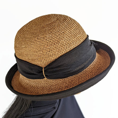 204-a Raffia Straw sun hat in toast with belt loops, adjustable fit, scarf buckle trim