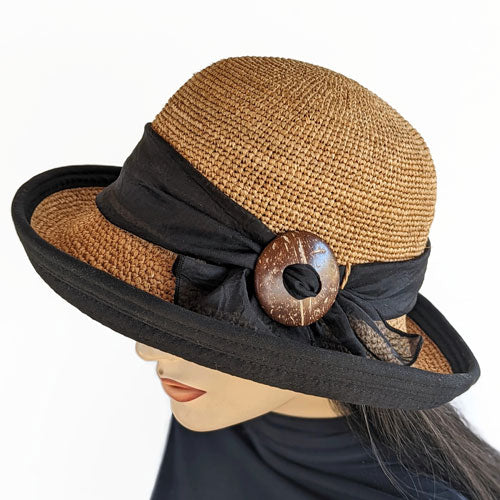 204-a Raffia Straw sun hat in toast with belt loops, adjustable fit, scarf buckle trim