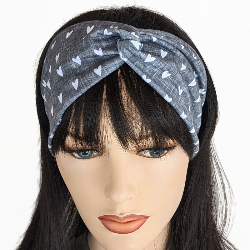 Premium, wide turban style comfy wide jersey knit  headband, white hearts on grey