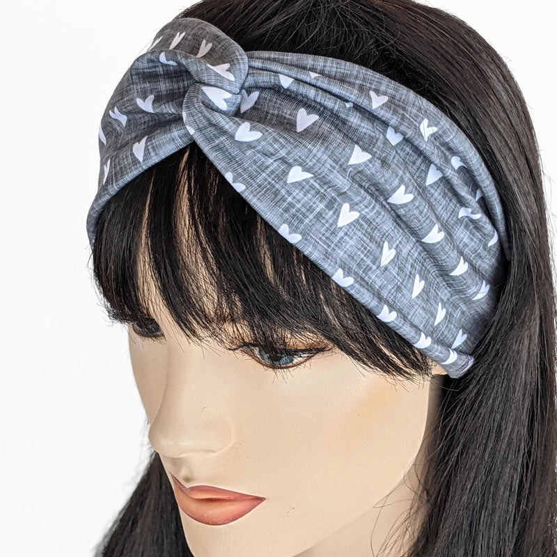 Premium, wide turban style comfy wide jersey knit  headband, white hearts on grey